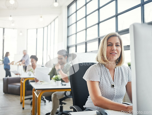 Image of Company, computer and business woman in office working on online email, website research and project. Productivity, corporate agency and female worker at desk for planning, schedule and strategy