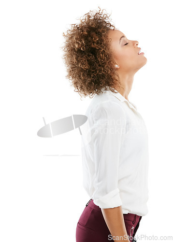 Image of Mindset, zen and relax by black woman in studio for breathing and meditation on white background. Peace, girl and corporate employee meditate for start of work, deep breathing and standing isolated