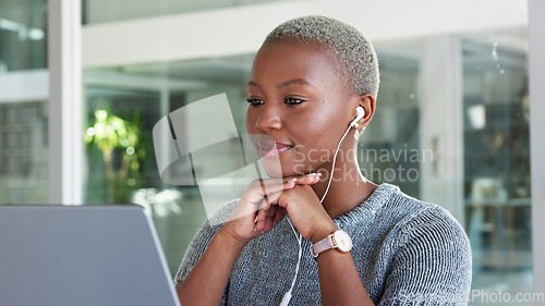 Image of Office, video call and business woman in virtual conference meeting with feedback on ppt proposal at global networking company. Corporate manager talking in a leadership workshop, seminar or webinar