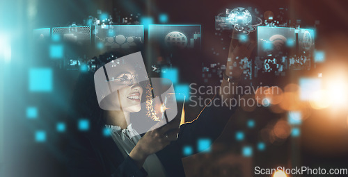 Image of Woman, tech overlay and phone in night at office for finance research, data analytics or digital job. Cybersecurity expert, fintech or focus in dark workplace with 3d hologram abstract with happiness