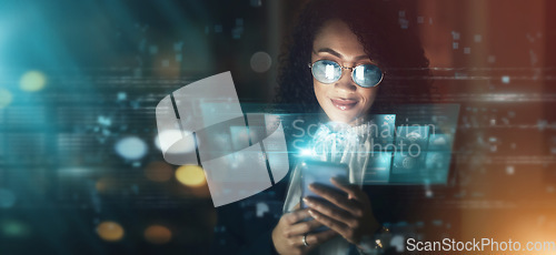 Image of Futuristic, AI and business woman, smartphone and connectivity, cyber data overlay and technology innovation. Digital transformation, mockup space and tech analytics, dashboard and internet hologram