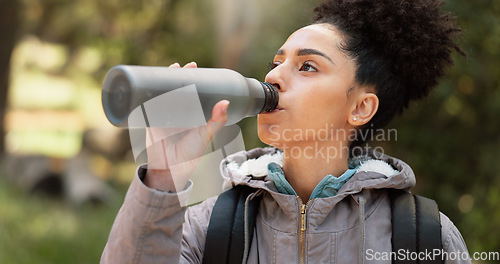 Image of Hiking woman drinking water in nature, forest and mountain park for healthy lifestyle, wellness and outdoor adventure. Young black girl, water bottle and trekking, freedom and walk in morning woods