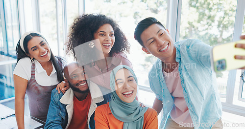 Image of Phone, team building or happy employees take a selfie in an office room at work for social media on a break. Smile, friends or fun colleagues with pride, diversity or motivation taking group pictures