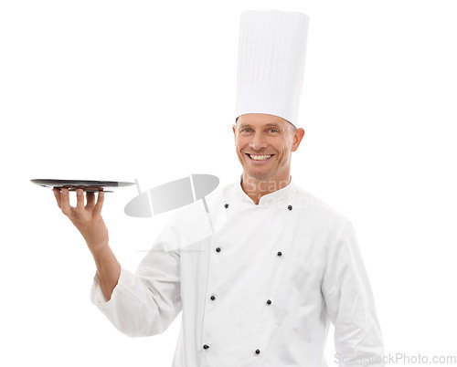 Image of Chef holding tray, confident portrait and smile presenting promo or restaurant product placement isolated on white background Happy executive cook man in uniform, mock up and menu launch in studio.