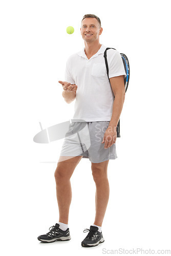 Image of Portrait, tennis sports and man in studio isolated on a white background for exercise. Training, athlete and mature male with ball and racket ready to start workout for health, fitness and wellness.