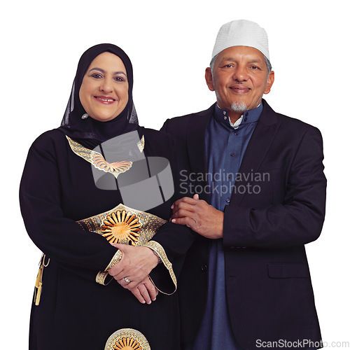 Image of Love, islam and portrait of elderly happy couple together in studio with smile isolated on white background. Religion, marriage and culture for muslim couple, senior man and happy woman from Morocco.