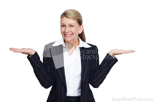 Image of Portrait, business and senior woman with presentation, corporate training or female isolated on white studio background. Mature lady, presenter or speaker with smile, mentor with feedback or coaching