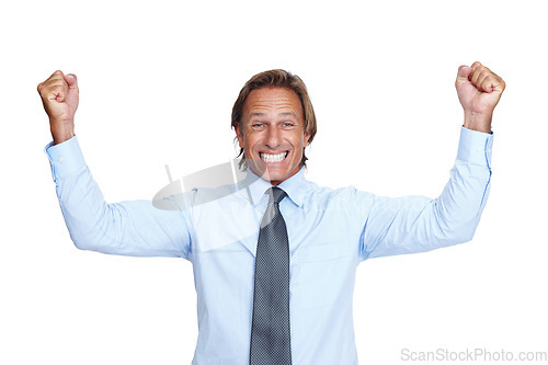 Image of Celebration, fists and portrait of a businessman in studio excited about a job promotion or good news. Winning, celebrate and corporate male model celebrating achievement isolated by white background