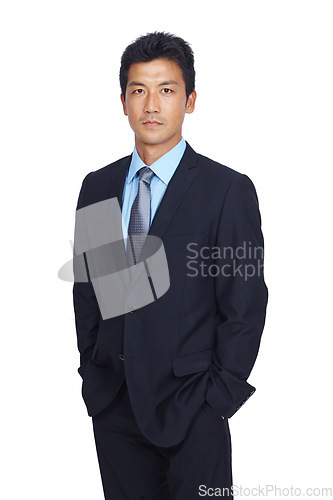 Image of Asian businessman, hands and pocket standing in confidence against a white studio background. Portrait of a isolated confident young business man with his hands in his pockets on white background