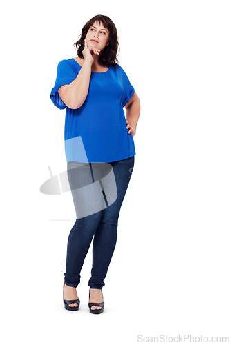 Image of Woman, thinking and fashion idea of plus size model on a white background for planning, decision and choice. Full body of model in studio to think about ideas, promotion or inspiration to lose weight