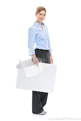 Image of News, announcement and businesswoman with blank sign, mockup and product placement isolated on white background. Advertising, marketing and body portrait of happy woman with poster board and smile.