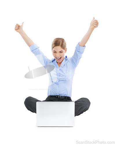 Image of Thumbs up, celebration and business woman with laptop in studio isolated on white background. Winner, computer and female celebrating goals, target achievement or success, lottery victory or winning.
