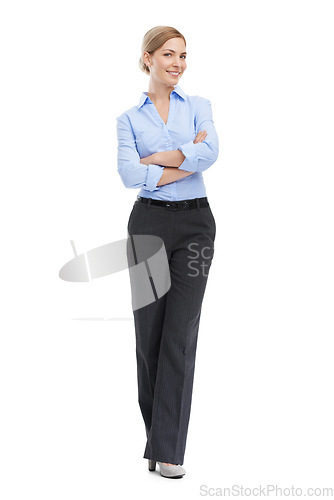 Image of Leadership, body portrait of business woman with confident smile and motivation for startup success on white background. Corporate fashion, professional confidence and woman ceo standing in studio.