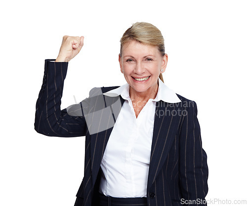 Image of Business woman, winner and success with corporate achievement, goals and leadership isolated on white background. Champion, portrait and professional win with happy senior executive and motivation