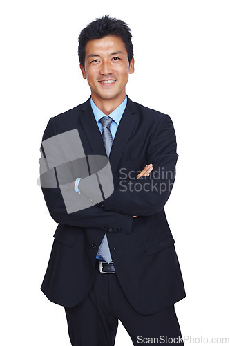 Image of Asian businessman, portrait or arms crossed on isolated white background in financial growth ideas or innovation goals. Smile, manager or corporate leadership on studio backdrop mock up or about us