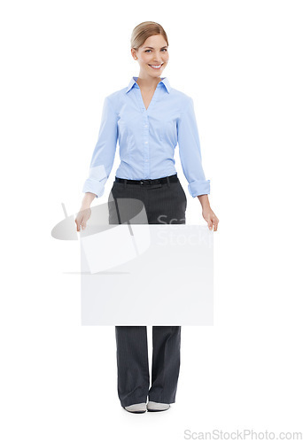 Image of Poster, banner and happy business woman portrait with space, billboard or mockup for advertising. Female with brand announcement, product placement or signage for logo on isolated white background