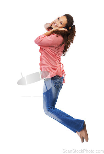 Image of Music headphones, portrait and woman jump in studio isolated on a white background mock up. Jumping, energy and happy female with hifi headset streaming, listening or enjoying podcast, radio or audio