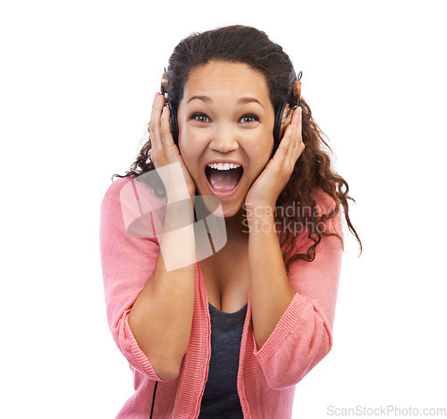 Image of Scream, headphones and woman on a white background with wow face for news or announcement on audio. Surprise, winning and winner black woman listening to music or radio on streaming service in studio