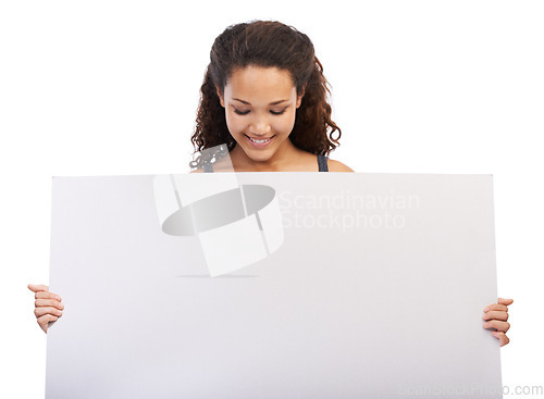Image of Black woman, smile and blank branding poster or billboard in studio for sales marketing, advertising and company news mockup. African girl, happy model and design signage space in white background