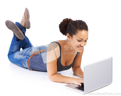 Image of Black woman, study and laptop on a floor for research, writing and online project in studio. Education, typing and woman learning, university and internet search, creative and white background mockup