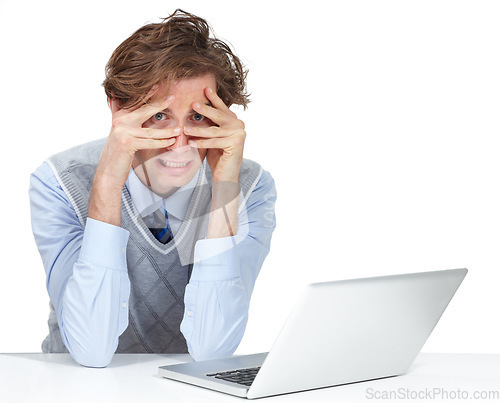 Image of Anxiety, scared and portrait of a businessman with a laptop reading an email, stress and frustrated. Burnout, worried and professional employee concerned about news on a computer on white background