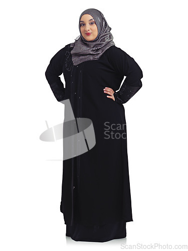 Image of Beauty, culture and portrait of Muslim woman on a white background with confidence, elegance and happiness. Fashion, religion and female isolated in studio with Islam, cultural and Arabian clothes