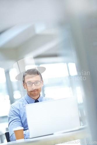 Image of Portrait, corporate or business man with laptop for invest strategy, finance growth or financial network. CEO, tech or manager in office for planning, data analysis or economy data analytics review