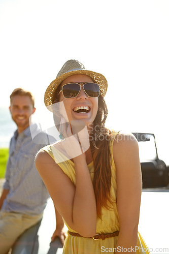 Image of Travel couple, road trip car park and happy woman on holiday adventure, transportation journey or fun summer vacation. Freedom peace, laughing driver and driving girl relax in Portugal countryside