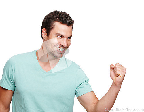 Image of Happy man, cheerful and smile in celebration for winning, discount or goal against a white studio background. Isolated male model winner smiling and celebrating win, sale or achievement on mockup