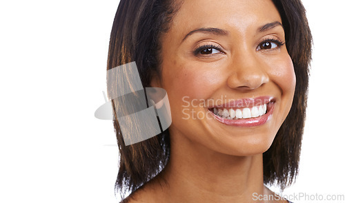 Image of Happy, smile and portrait of black woman on a white background for cosmetics, healthy teeth and facial. Natural beauty, relax lifestyle and face of beautiful girl with big smile, makeup and confident