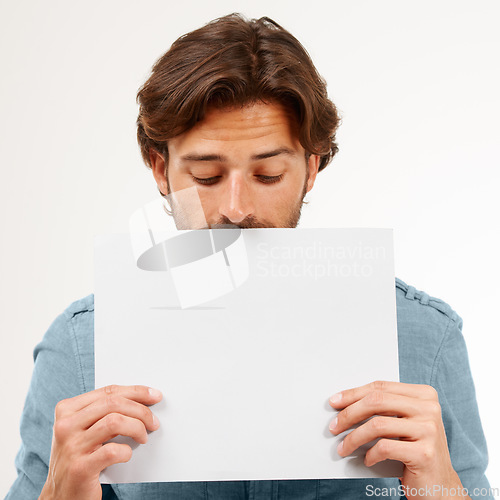 Image of Man, hands and holding blank poster for marketing, advertising or message on mockup. Hand of male with white empty paper or billboard standing for copy space, branding or logo for advertisement