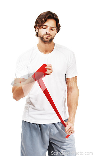 Image of Red tape on hand for martial arts with man, fitness and mma with boxing for exercise against white background. Sport motivation, fist and fight with athlete, boxer workout with safety and protection