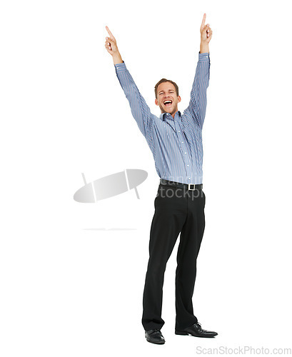 Image of Businessman winner in portrait with success, cheers and achievement, arms in air against white background. Happy man, professional win and excited, corporate celebration with growth and bonus mockup