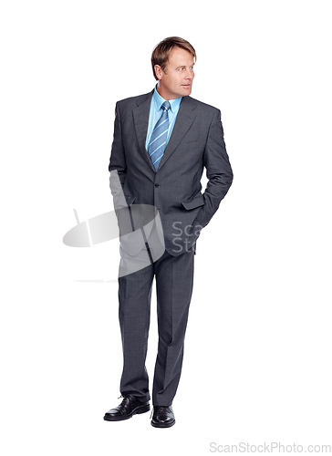 Image of Style, business and mature man in a studio with a luxury, classy and stylish suit outfit. Fashion, corporate and male model from Australia with fancy and elegant clothes isolated by white background.