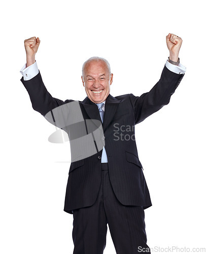 Image of Studio portrait, senior businessman and celebration with fist hand, excited and white background. Elderly corporate leader, isolated ceo and smile to celebrate, motivation and hands in air with suit