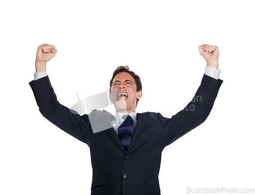 Image of Business man, success and winner with achievement in career, celebrate and champion isolated on white background. Happy man, excited about professional win and cheers with leadership and celebration