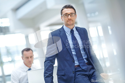 Image of Leader, office portrait and business man, mentor or ceo manager working in trading, stock market or investment company. Financial economy, bitcoin mining and confident crypto trader or broker sitting