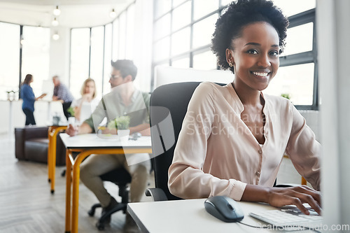 Image of Computer, black woman portrait and business coworking office of a employee by a computer. Lens flare, busy web design workplace and female web designer worker working on a creative project with team