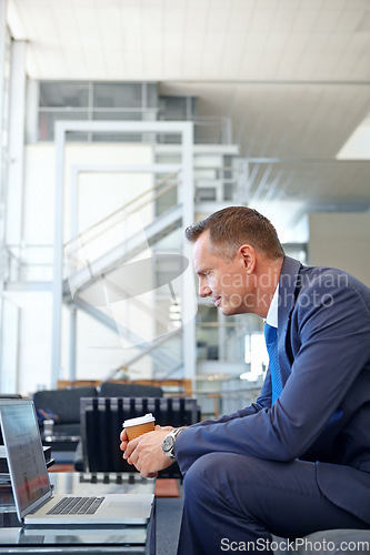 Image of Email, coffee and businessman with a laptop for work, communication and internet. Business, working and employee reading news, information and corporate chat on a computer with tea in an office