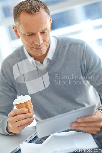 Image of Thinking, corporate or businessman with tablet for invest strategy, finance growth or financial review. Coffee, focus or employee in office for collaboration, data analysis or economy data research