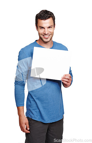 Image of Man portrait, blank poster and mockup space for advertisement, marketing and sales sign. White background, isolated and empty board of a person in a studio for advertising with a smile and mock up