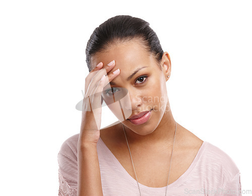 Image of Headache, woman and face with pain, stress and frustrated with crisis and anxiety isolated on white background. Mental health, depression and psychology, brain and portrait with fatigue and brain fog