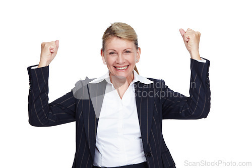 Image of Business woman, winner and success with professional achievement, goals and leadership isolated on white background. Champion, portrait and corporate win with happy senior executive and motivation