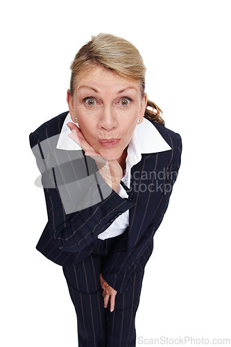 Image of Wow, surprise and business woman on a white background for office gossip, secrets and information. Corporate fashion, manager and senior worker isolated in studio with shock, omg and amazed face