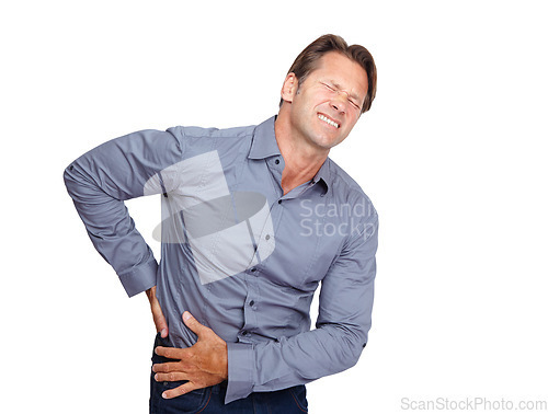 Image of Back pain problem, studio and business man with emergency crisis, employee work injury or hurt spine. Medical healthcare, muscle strain accident and corporate worker with backache on white background