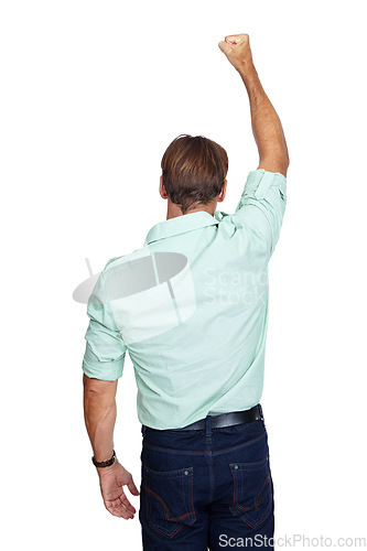 Image of Man, first and back standing in victory for winning, discount or sale against a white studio background. Isolated male with arm in the air for achievement, goal or accomplishment for success