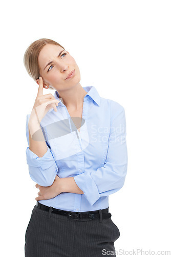 Image of Thinking, doubt and a business woman with ideas isolated on a white background with a decision or choice. Face of a female entrepreneur in studio with a question or idea for advertising and marketing