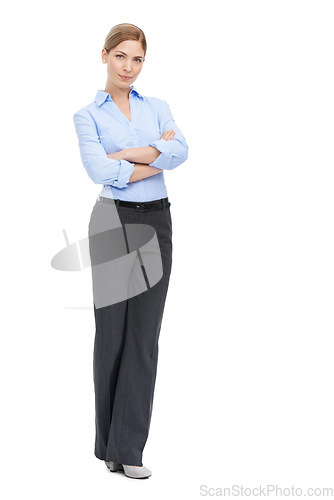 Image of Business woman, full body portrait and mockup with confident smile, leadership and motivation on white background. Corporate fashion, professional confidence and happy woman boss standing in studio.