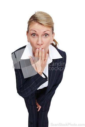 Image of Wow, surprise and business woman on a white background for office gossip, secrets and information. Corporate fashion, manager and senior worker isolated in studio with shock, omg and amazed face