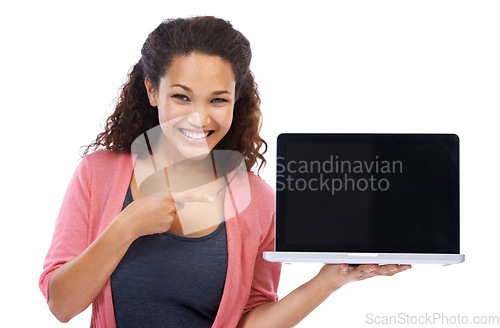 Image of Woman in portrait with laptop mockup, technology and internet, wireless connection against white background. Female hand pointing, pc marketing and digital with website and tech product placement